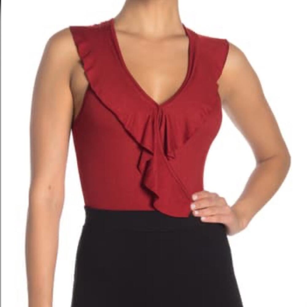 Goof Luck Gem NEW Rust Ruffle Front Bodysuit Large